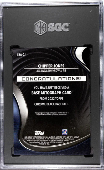 Graded Chipper Jones baseball card from 2022 Topps Chrome Black series, authentic collectible