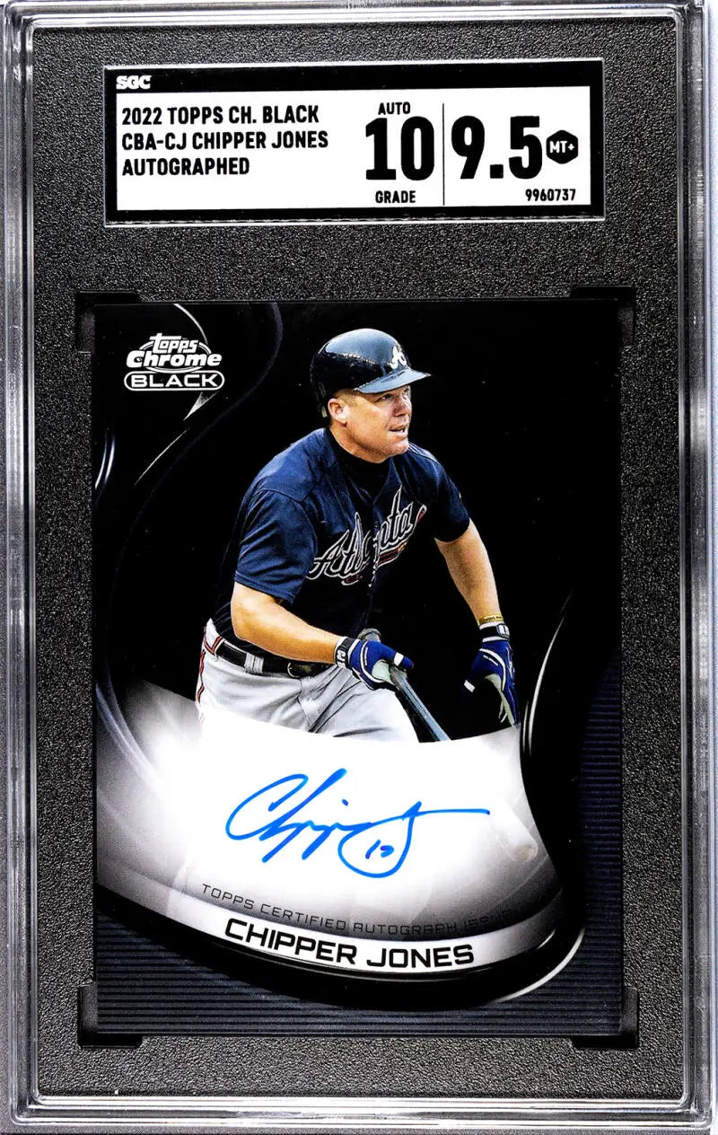 Autographed Chipper Jones baseball card from 2022 Topps Chrome Black series