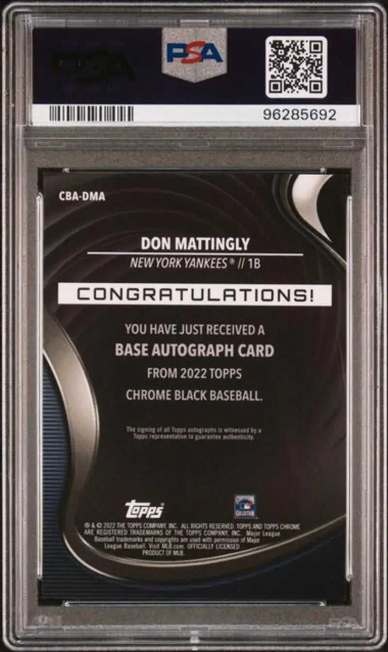 PSA-graded Topps Chrome Black Don Mattingly Gem Mint Auto redemption notice New York Yankees