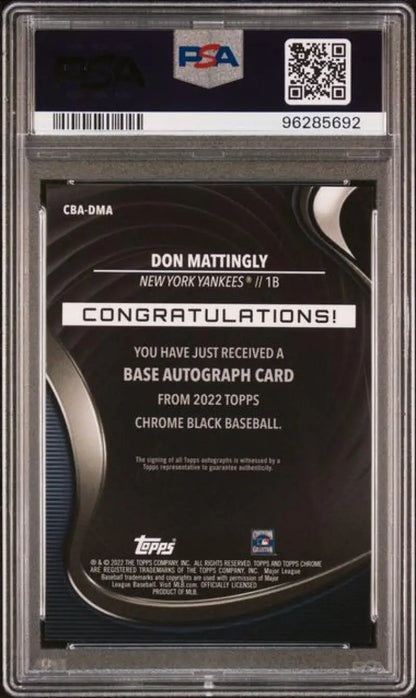 PSA-graded Topps Chrome Black Don Mattingly Gem Mint Auto redemption notice New York Yankees