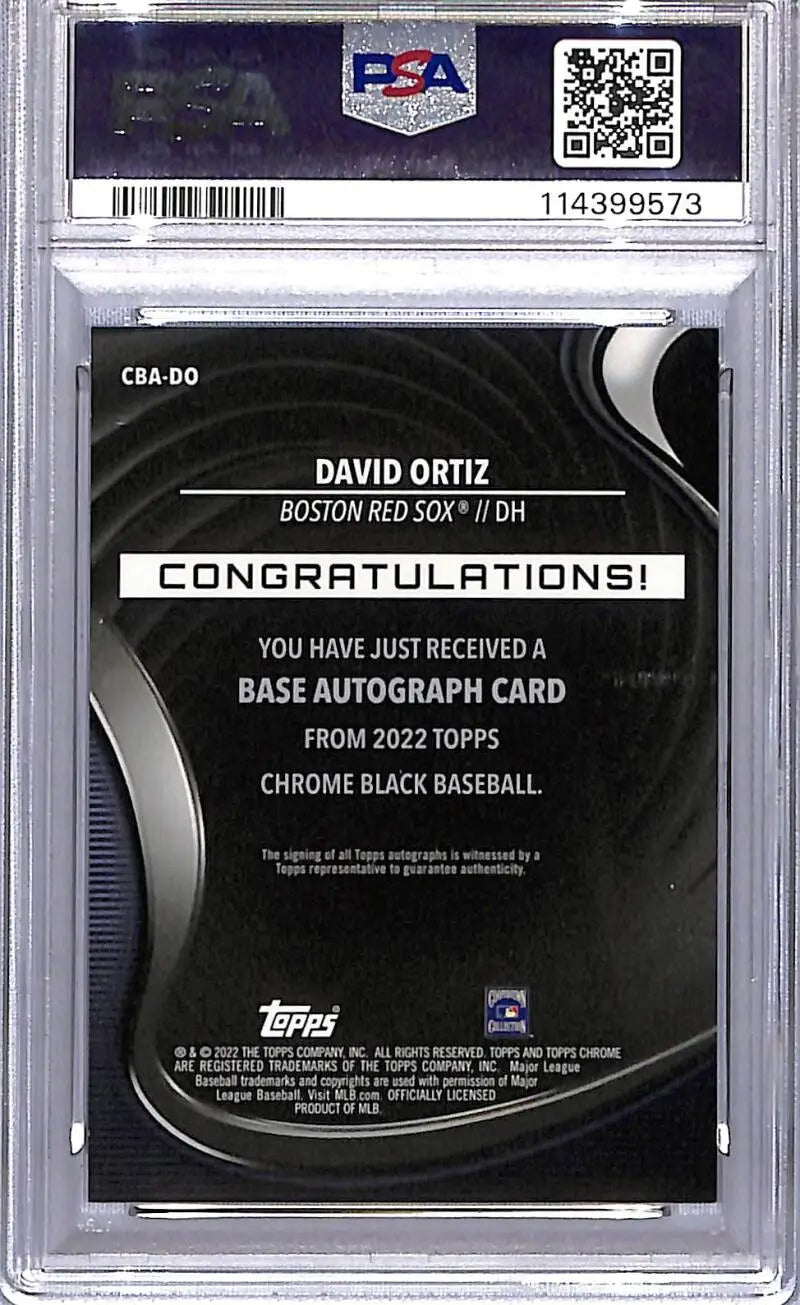Graded David Ortiz Boston Red Sox baseball card from 2022 Topps Chrome Black series
