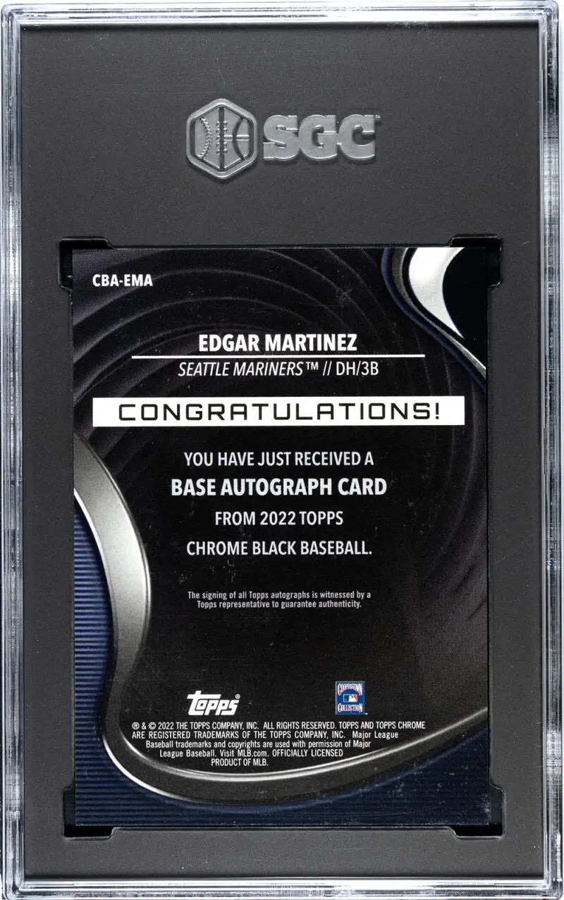 Graded Edgar Martinez baseball card from Topps Chrome Black series, SGC 10 Gem Auto