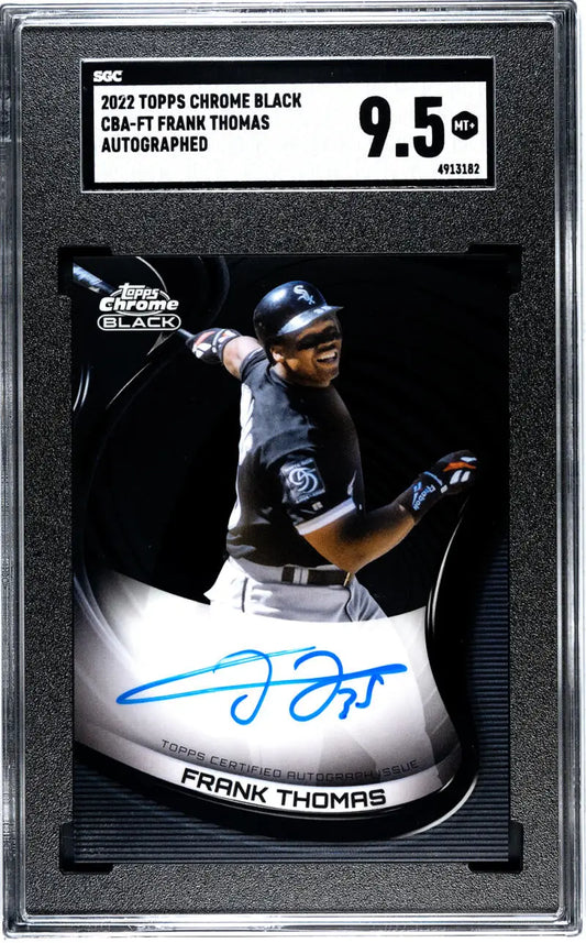 Autographed Frank Thomas Chicago White Sox baseball card from 2022 Topps Chrome Black
