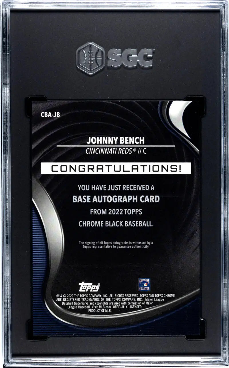 SGC-graded 2022 Topps Chrome Black Johnny Bench Gem Auto Cincinnati Reds card
