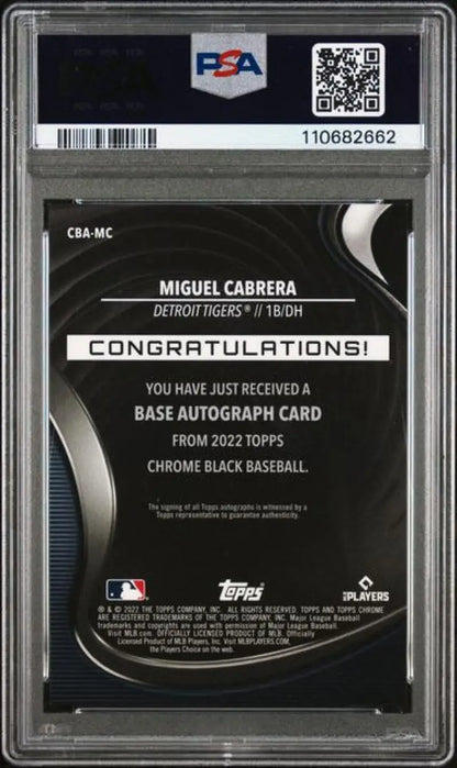 Graded Miguel Cabrera baseball card from Topps Chrome Black featuring PSA 9 auto