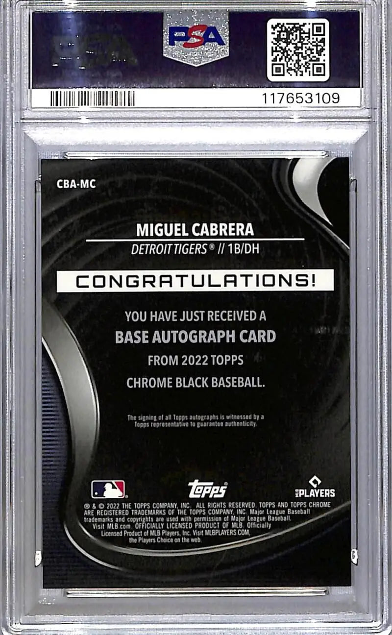 Graded Miguel Cabrera autograph baseball card from 2022 Topps Chrome Black PSA 9 MINT