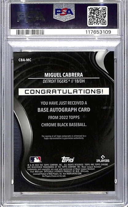 Graded Miguel Cabrera autograph baseball card from 2022 Topps Chrome Black PSA 9 MINT