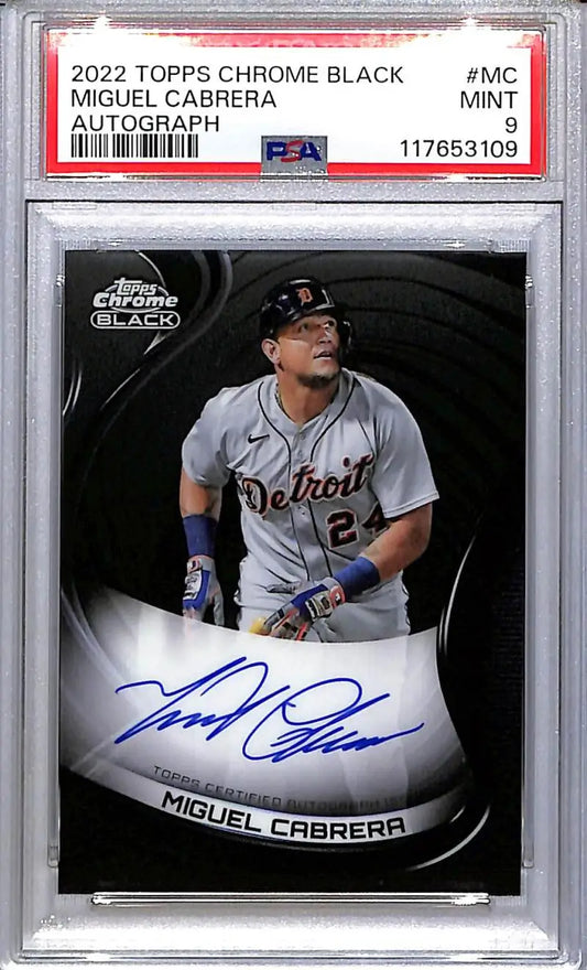 PSA-graded 2022 Topps Chrome Black Miguel Cabrera autographed baseball card featuring Miguel Cabrera PSA 9 MINT auto