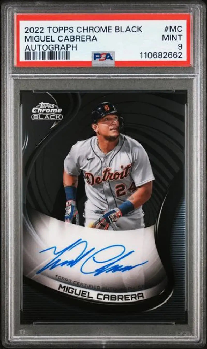 Graded Miguel Cabrera autographed baseball card from Topps Chrome Black with PSA 9 Mint