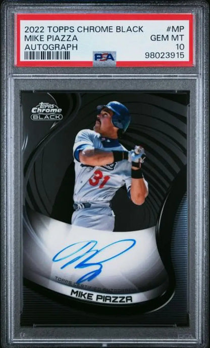 Graded Mike Piazza autographed baseball card from 2022 Topps Chrome Black, Los Angeles Dodgers