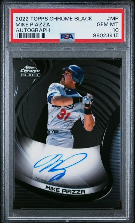 Graded Mike Piazza autographed baseball card from 2022 Topps Chrome Black, Los Angeles Dodgers