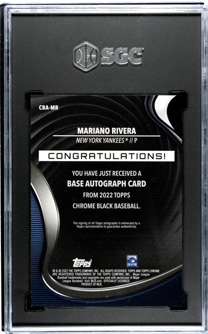 Back of 2022 Topps Chrome Black Mariano Rivera autograph card in protective case