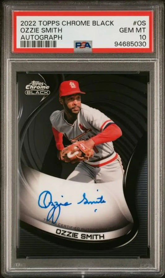 PSA-graded 2022 Topps Chrome Black autographed Ozzie Smith baseball card in case