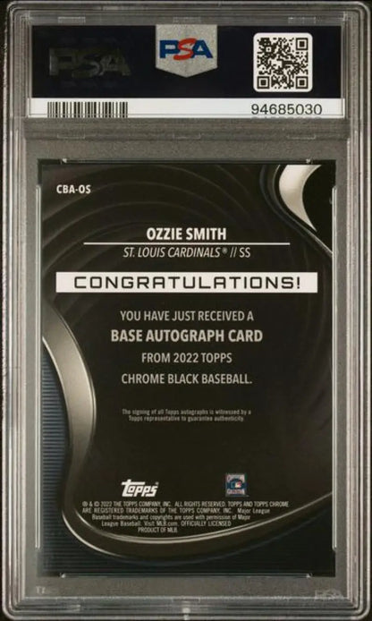 Back of 2022 Topps Chrome Black Ozzie Smith PSA 10 GEM MINT Auto baseball card