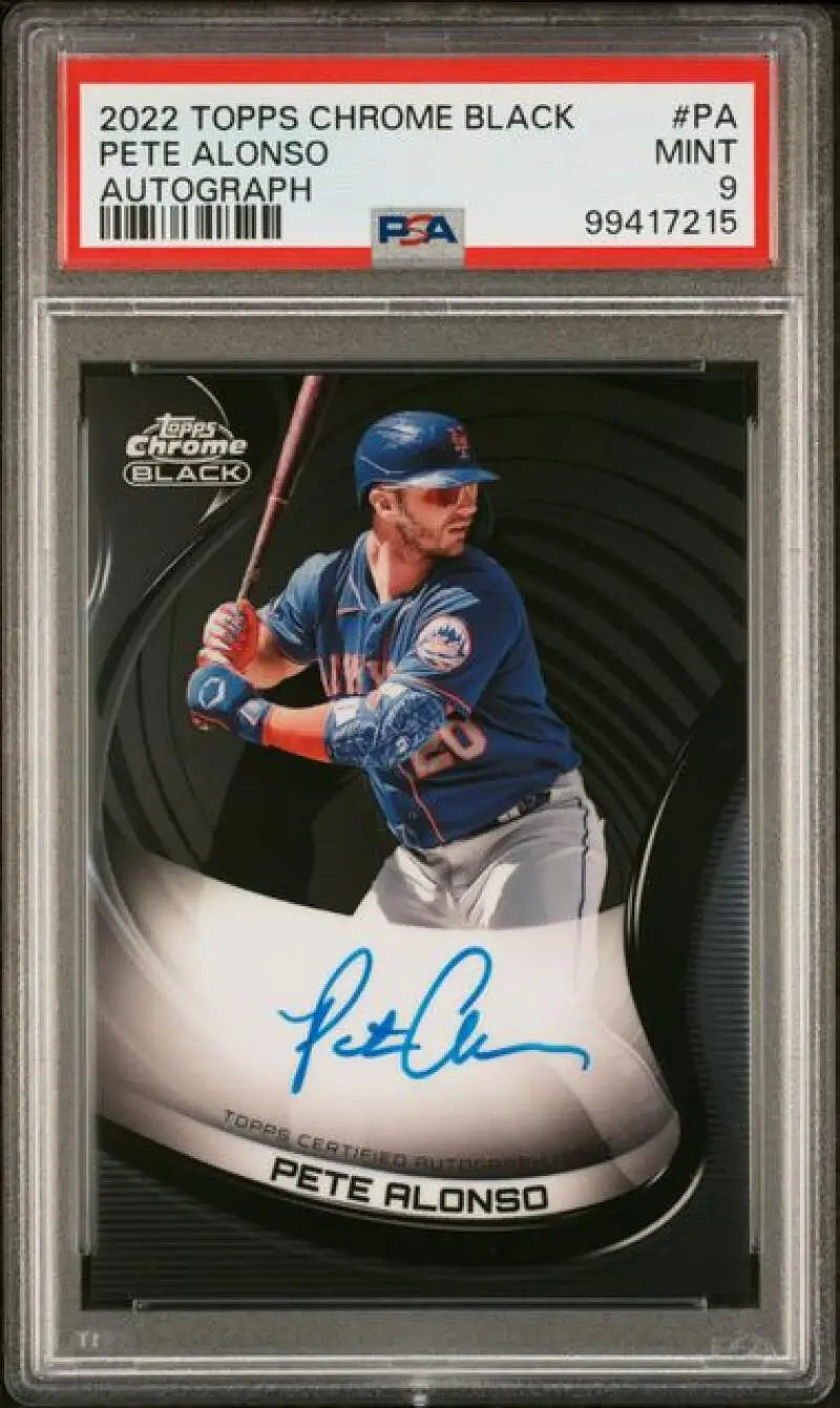 PSA-graded 2022 Topps Chrome Black Pete Alonso New York Mets Baseball Card in batting stance
