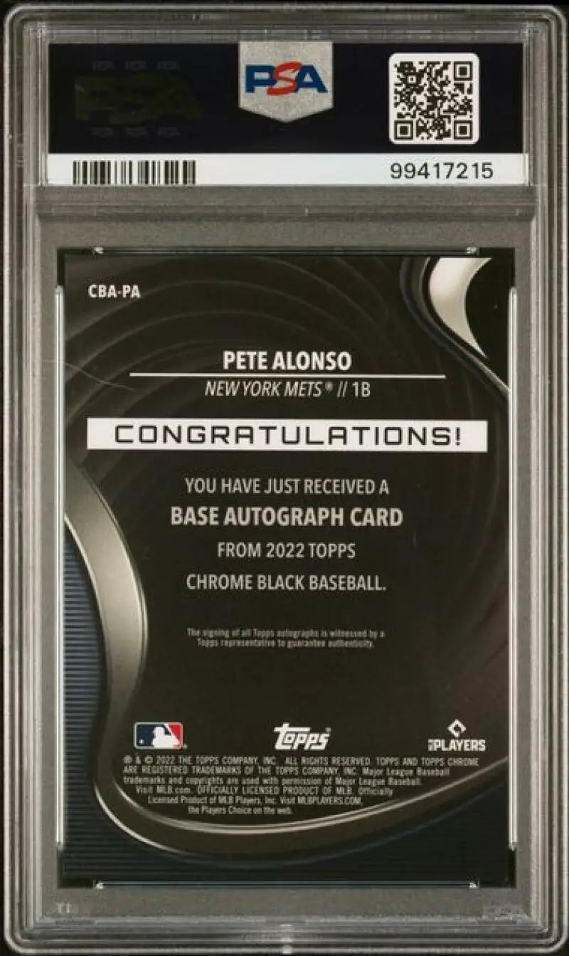 Back side of PSA-graded 2022 Topps Chrome Black Pete Alonso baseball card for New York Mets