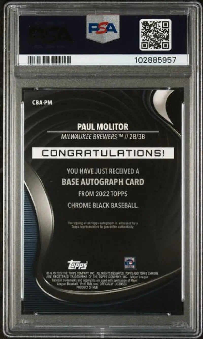 PSA-graded Paul Molitor baseball card from Topps Chrome Black collection