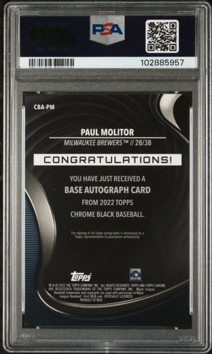 PSA-graded Paul Molitor baseball card from Topps Chrome Black collection