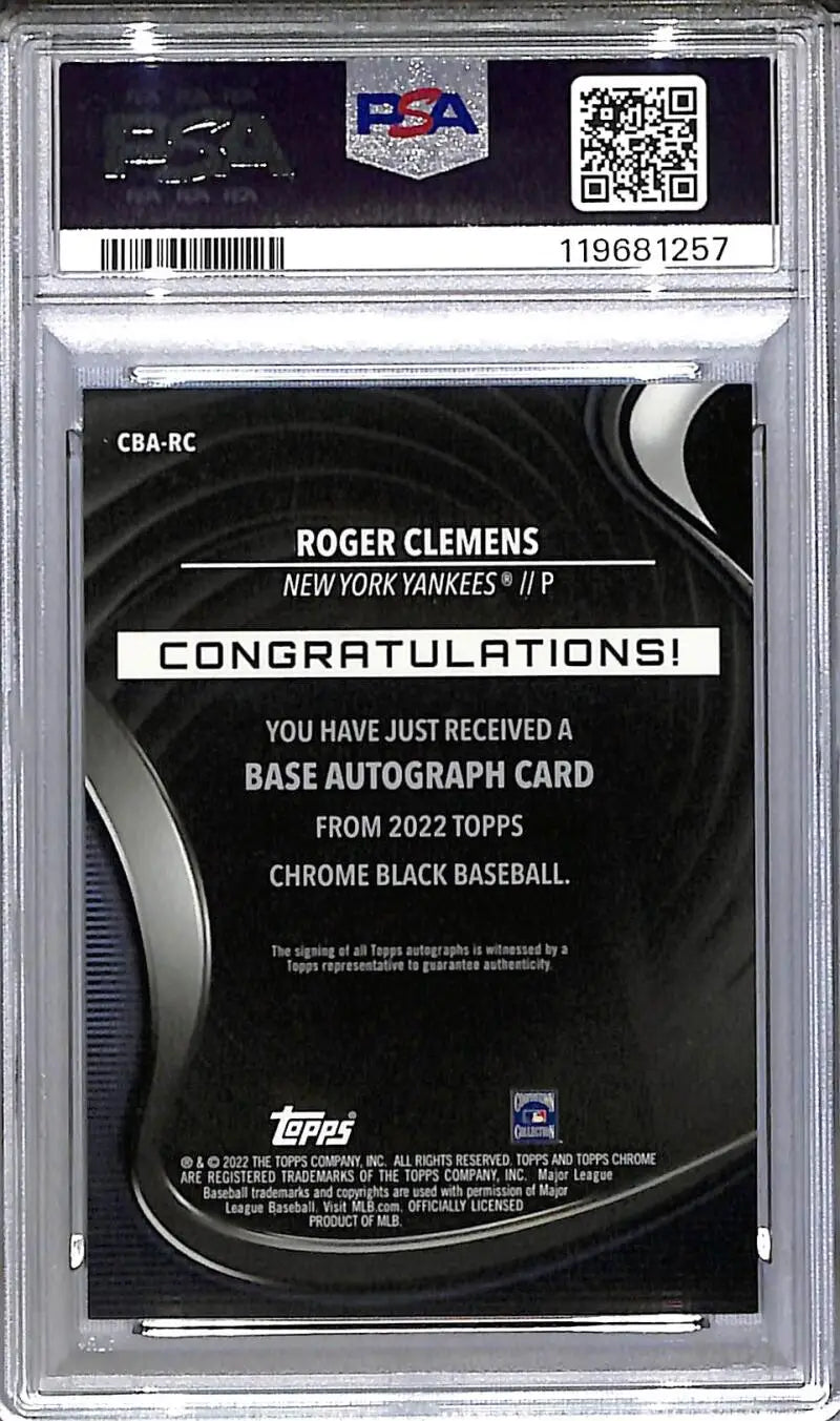 2022 Topps Chrome Black #CBA-RC Roger Clemens PSA 10 GEM MINT Auto New York Yankees