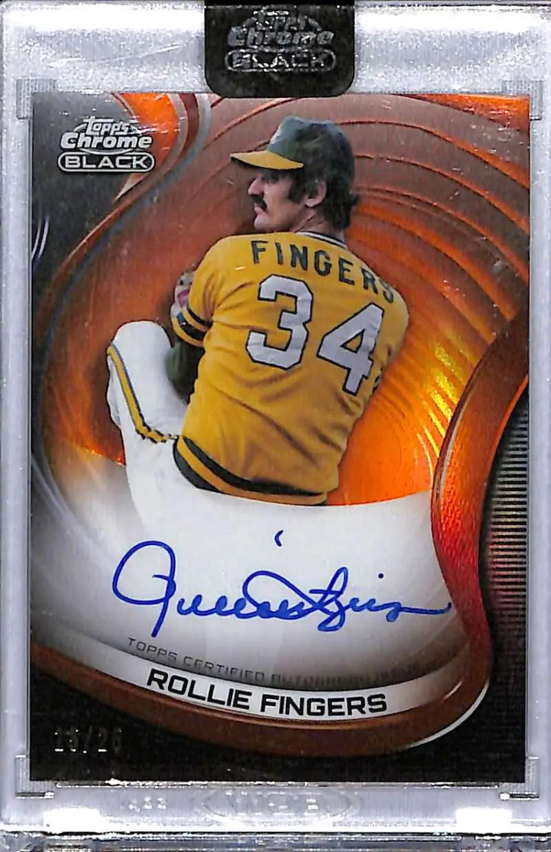 Rollie Fingers autographed 2022 Topps Chrome Black baseball card in yellow A’s uniform