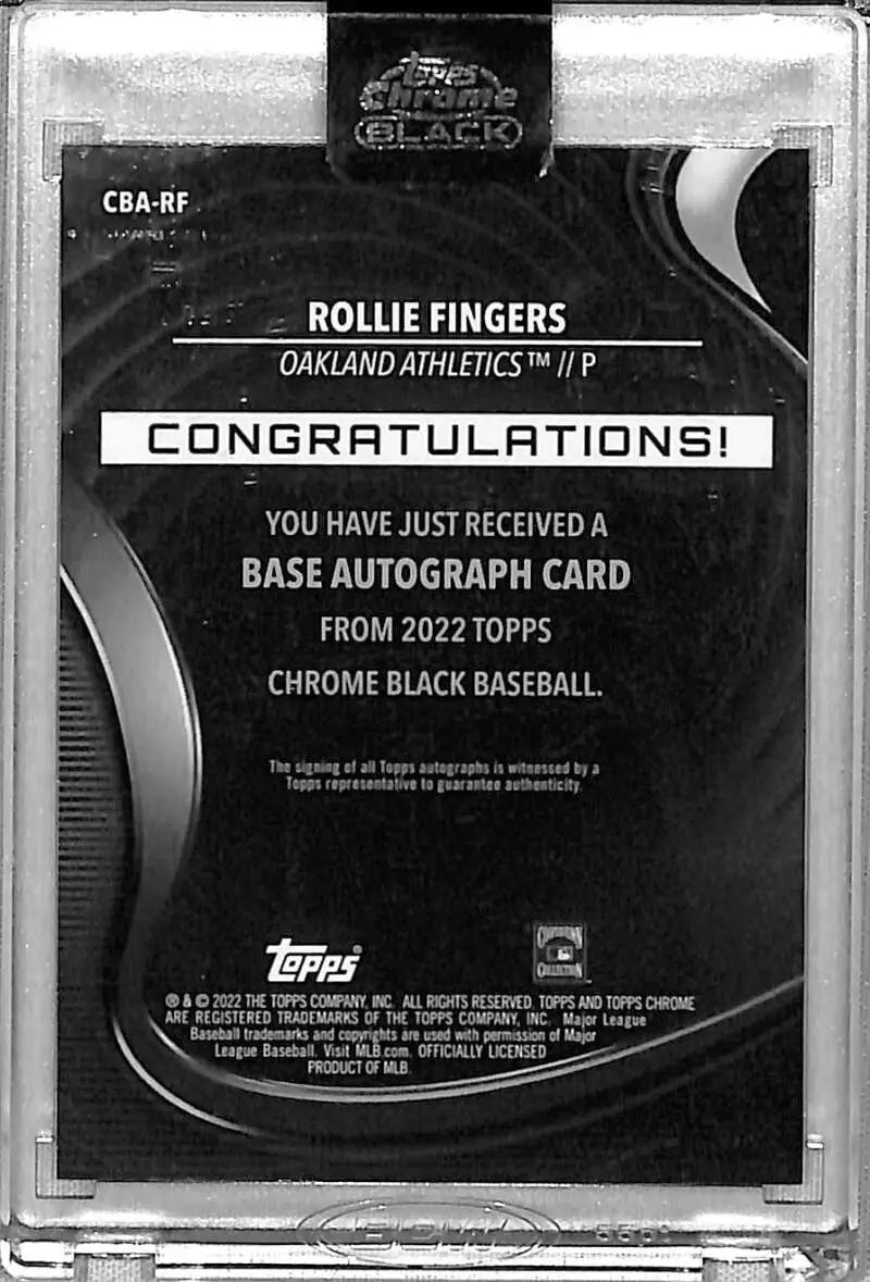Base Autograph Card Redemption Notice for Rollie Fingers from 2022 Topps Chrome Black Baseball