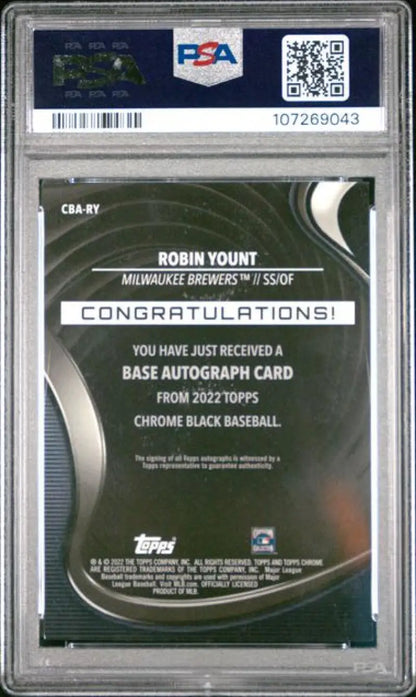 Graded Robin Yount baseball card from 2022 Topps Chrome Black series in PSA 10 GEM MINT