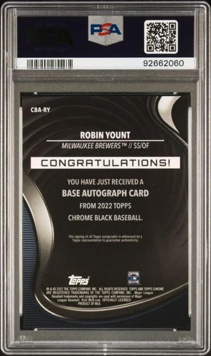 PSA-graded Topps Chrome Black Robin Yount baseball card back with certification 92662060