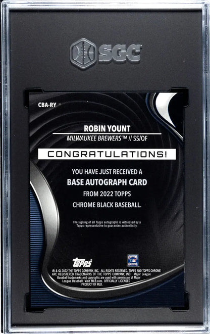 Back side of a 2022 Topps Chrome Black Robin Yount autograph card in protective case
