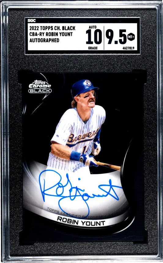 Signed 2020 Topps Chrome Black Robin Yount card for Milwaukee Brewers in SGC 9.5 Mint+ condition