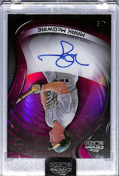 2022 Topps Chrome Black Magenta Mark McGwire autographed baseball card with blue ink