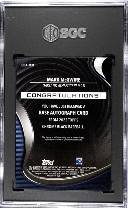 Black and white Topps Chrome baseball card redemption for Mark McGwire Oakland Athletics auto