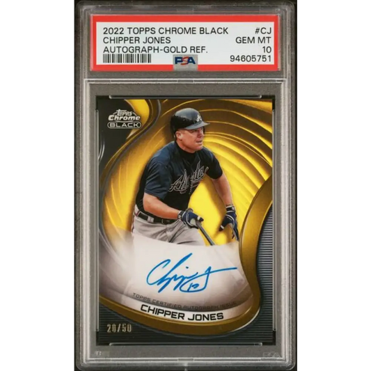 2022 Topps Chrome Black Refractor Gold #CBA-CJ Chipper Jones PSA 10 GEM MINT Auto 20/50 Atlanta Braves Baseball Card