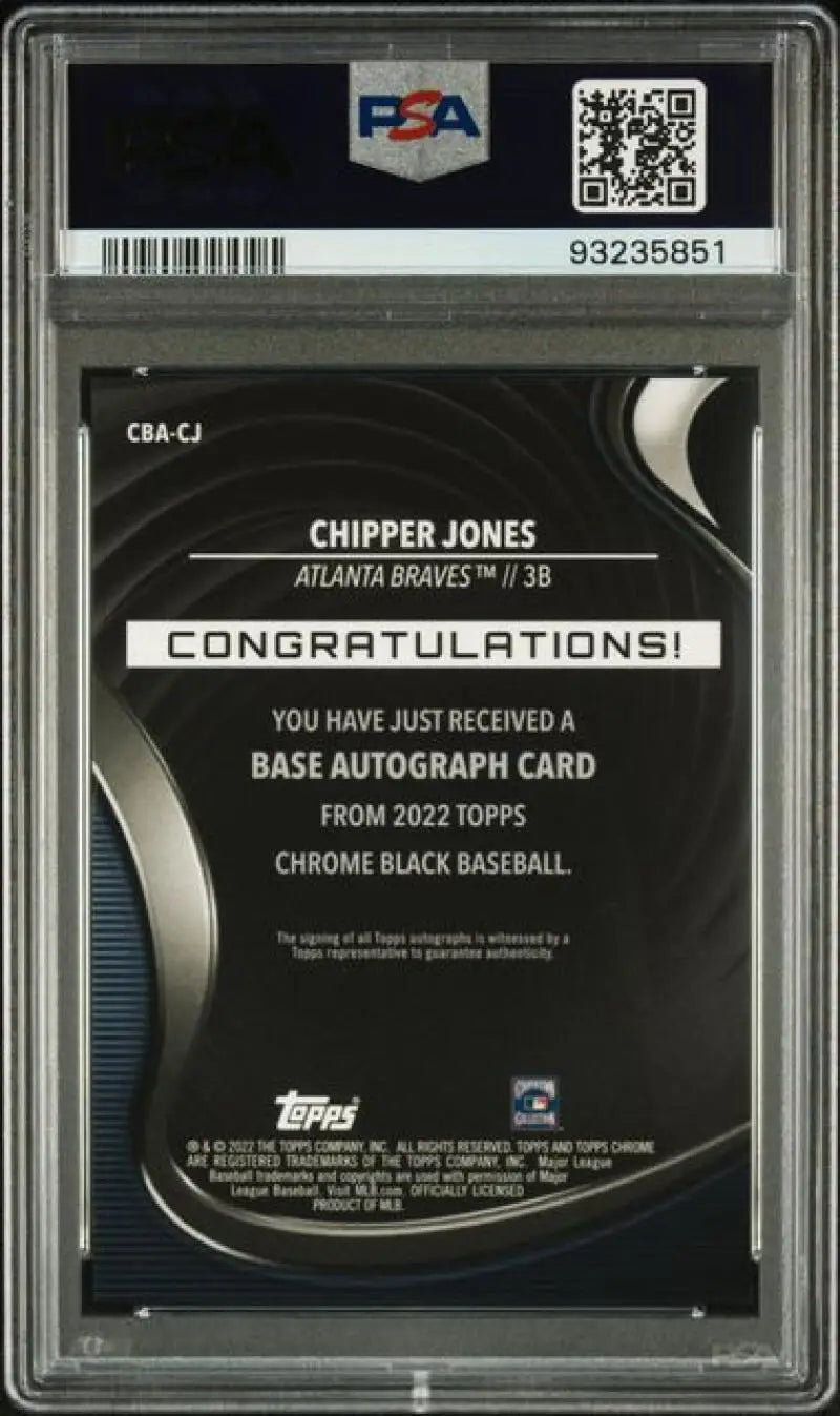PSA-graded 2022 Topps Chrome Black Refractor Gold Chipper Jones Autograph Card back view