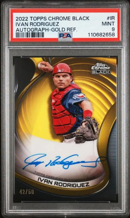 Graded Ivan Rodriguez autograph baseball card from 2022 Topps Chrome Black Refractor series
