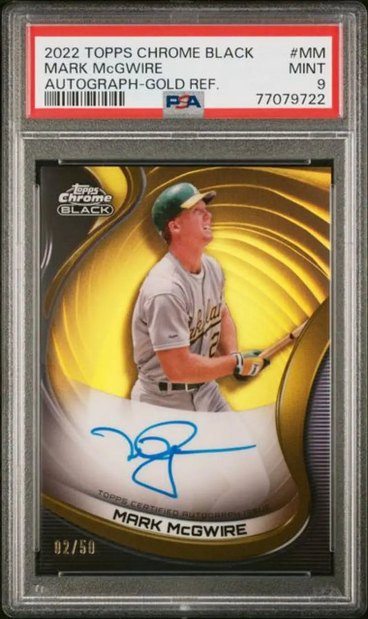 Autographed Mark McGwire chrome black refractor baseball card from 2022 Topps Chrome Black