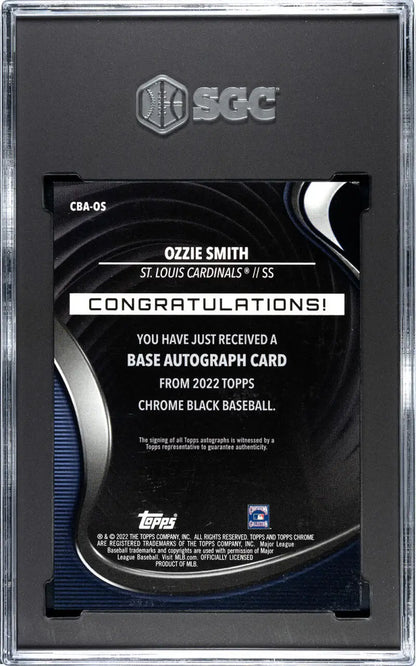 Ozzie Smith black refractor gold baseball card in protective case from 2022 Topps Chrome Black Refractor Gold set