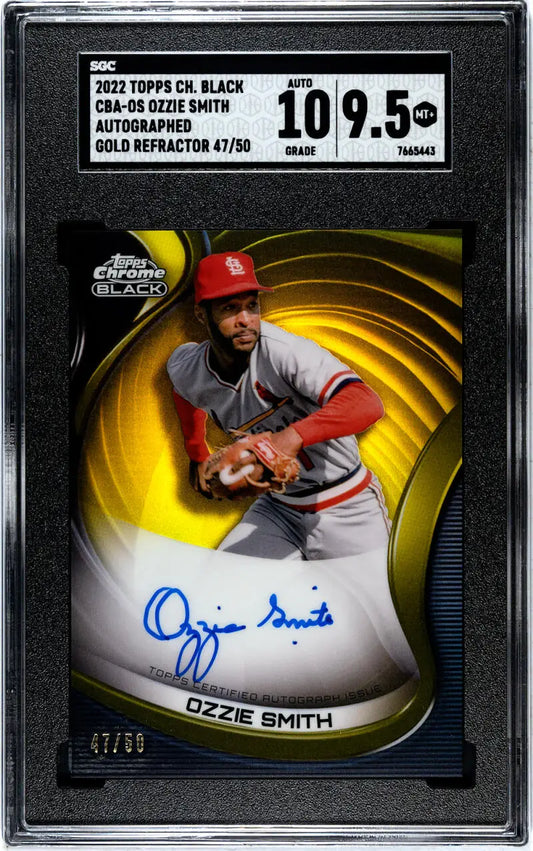 Graded Ozzie Smith autographed baseball card showcasing black refractor gold finish and gold Refractor Gold details