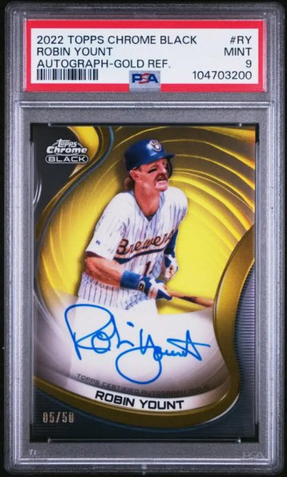 Graded Robin Yount autographed 2022 Topps Chrome Black Refractor baseball card 5/50