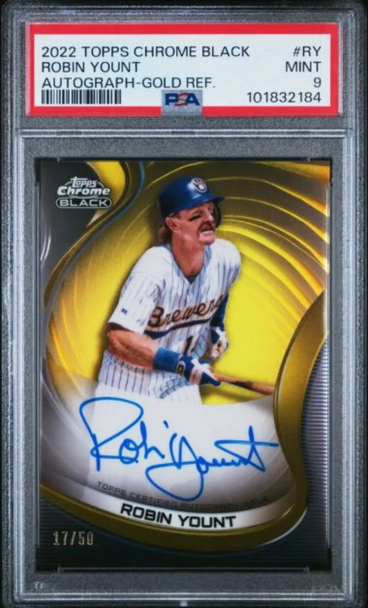 Graded Robin Yount autographed Topps Chrome Black Refractor baseball card PSA 9 Mint