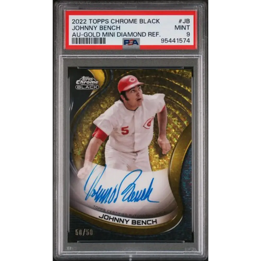 2022 Topps Chrome Black Refractor Gold Mini-Diamond #CBA-JB Johnny Bench PSA 9 MINT Auto 50/50 Cincinnati Reds Baseball Card