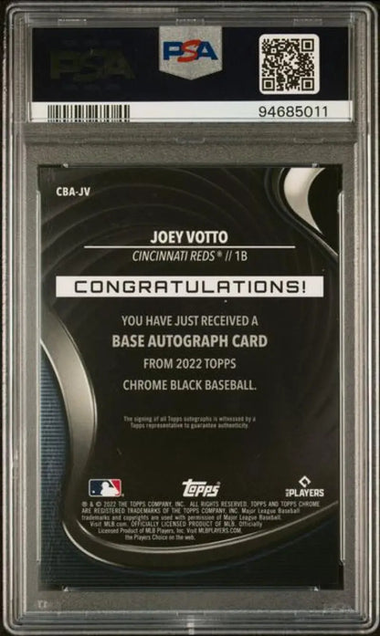 PSA-graded 2022 Topps Chrome Black Refractor Joey Votto baseball card back with certification 94685011