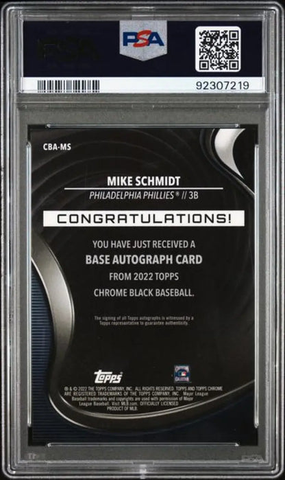 PSA 10 GEM MINT Mike Schmidt autograph on 2022 Topps Chrome Black Refractor card