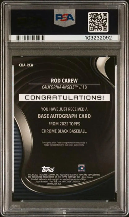 Graded Rod Carew baseball card from 2022 Topps Chrome Black Refractor Gold Mini-Diamond