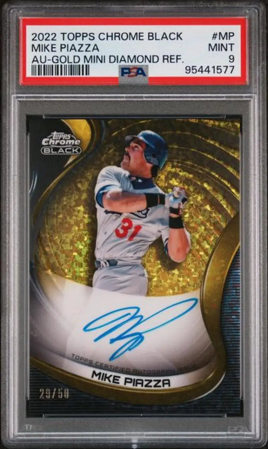 PSA 9 MINT Mike Piazza 2022 Topps Chrome Black baseball card with gold swirled background