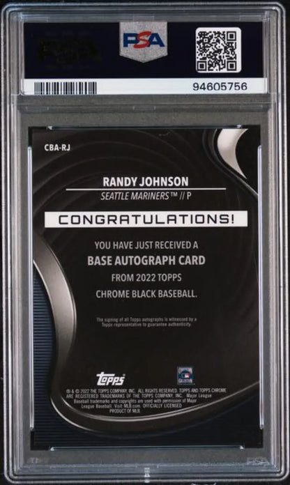 PSA 10 GEM MINT Randy Johnson autographed 2022 Topps Chrome Black card back Seattle Mariners