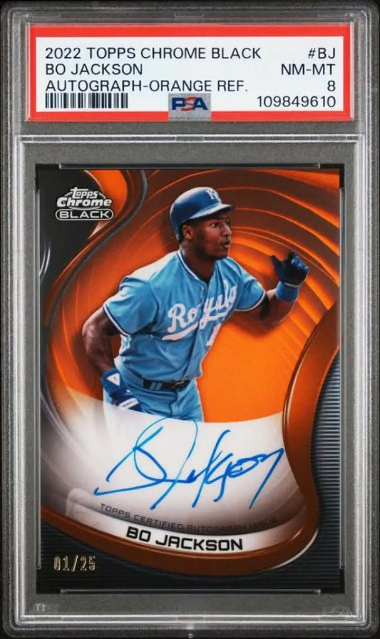 Graded Bo Jackson autographed Kansas City Royals baseball card from 2022 Topps Chrome Black