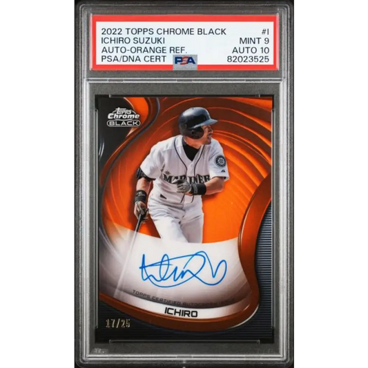 2022 Topps Chrome Black Refractor Orange #CBA-I Ichiro PSA 9 MINT Auto 17/25 Seattle Mariners Baseball Card