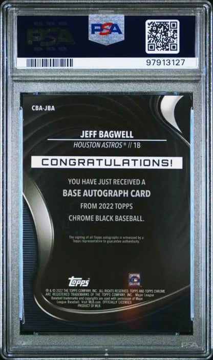 PSA-graded back of 2022 Topps Chrome Jeff Bagwell baseball card for Houston Astros auto
