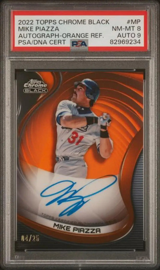 PSA-graded 2022 Topps Chrome Black Refractor Orange Mike Piazza autographed baseball card