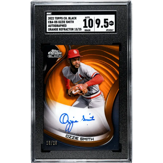 2022 Topps Chrome Black Refractor Orange #CBA-OS Ozzie Smith SGC 9.5 MINT+ Auto 15/25 St. Louis Cardinals Baseball Card